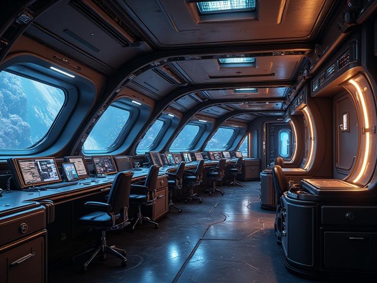 Interior of a futuristic starcruiser. The design includes multiple control panels, large curved windows with views of space, and a sleek modern aesthetic. The room features ambient lighting and high detail in textures and shadows.
