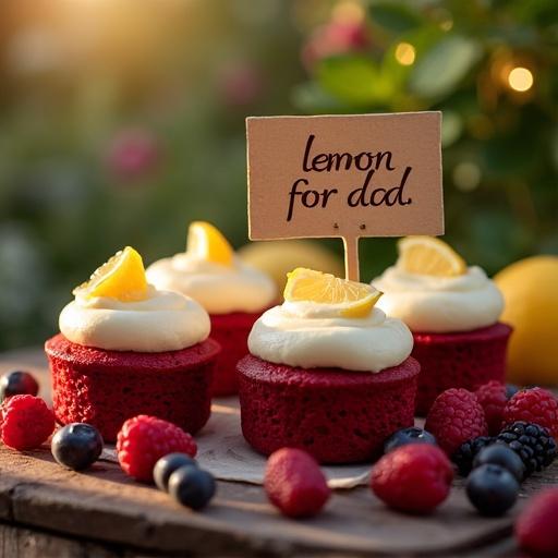 A close-up scene of red velvet cakes with lemon cream. Cute sign reads 'for dad'. Surrounded by raspberries and blackberries. Warm ambient light in an outdoor garden setting.
