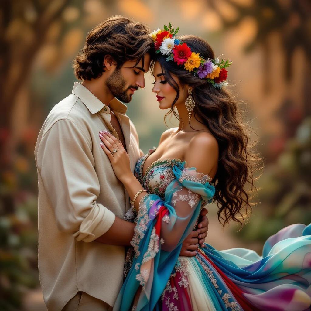 Couple stands closely together almost touching foreheads. Male dressed in loose beige shirt. Female wears stunning gown with intricate details. Dress flows with vibrant blues reds and pastels. Flower crown adorns wavy hair. Warm background adds depth. Soft glow highlights their moment.