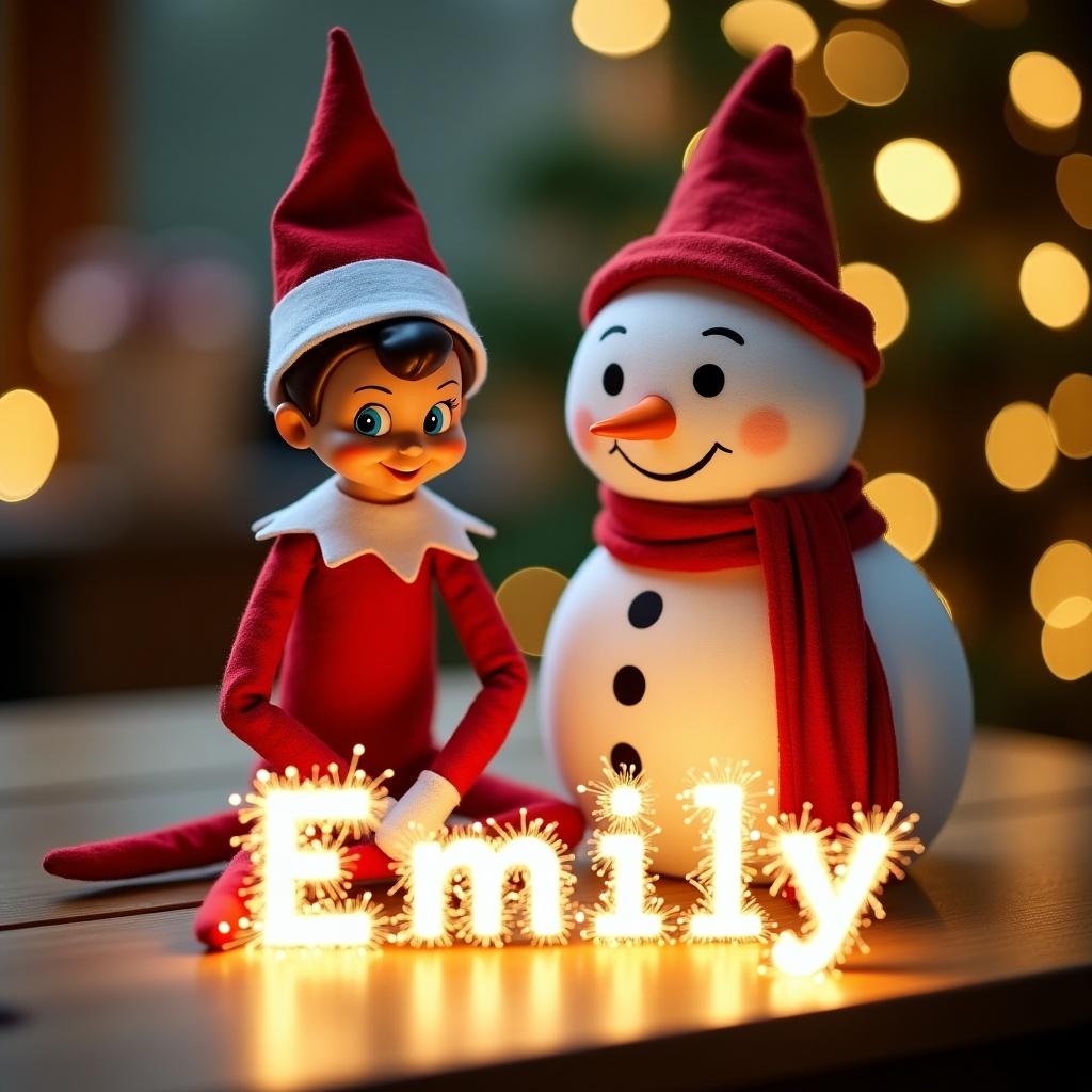 Cheerful elf and snowman interact during Christmas. They sit on wooden table with twinkling lights. Elf wears red and white outfit. Snowman has a friendly smile and red scarf. Characters focus on sparkles spelling 'Emily'. Scene captures holiday joy.