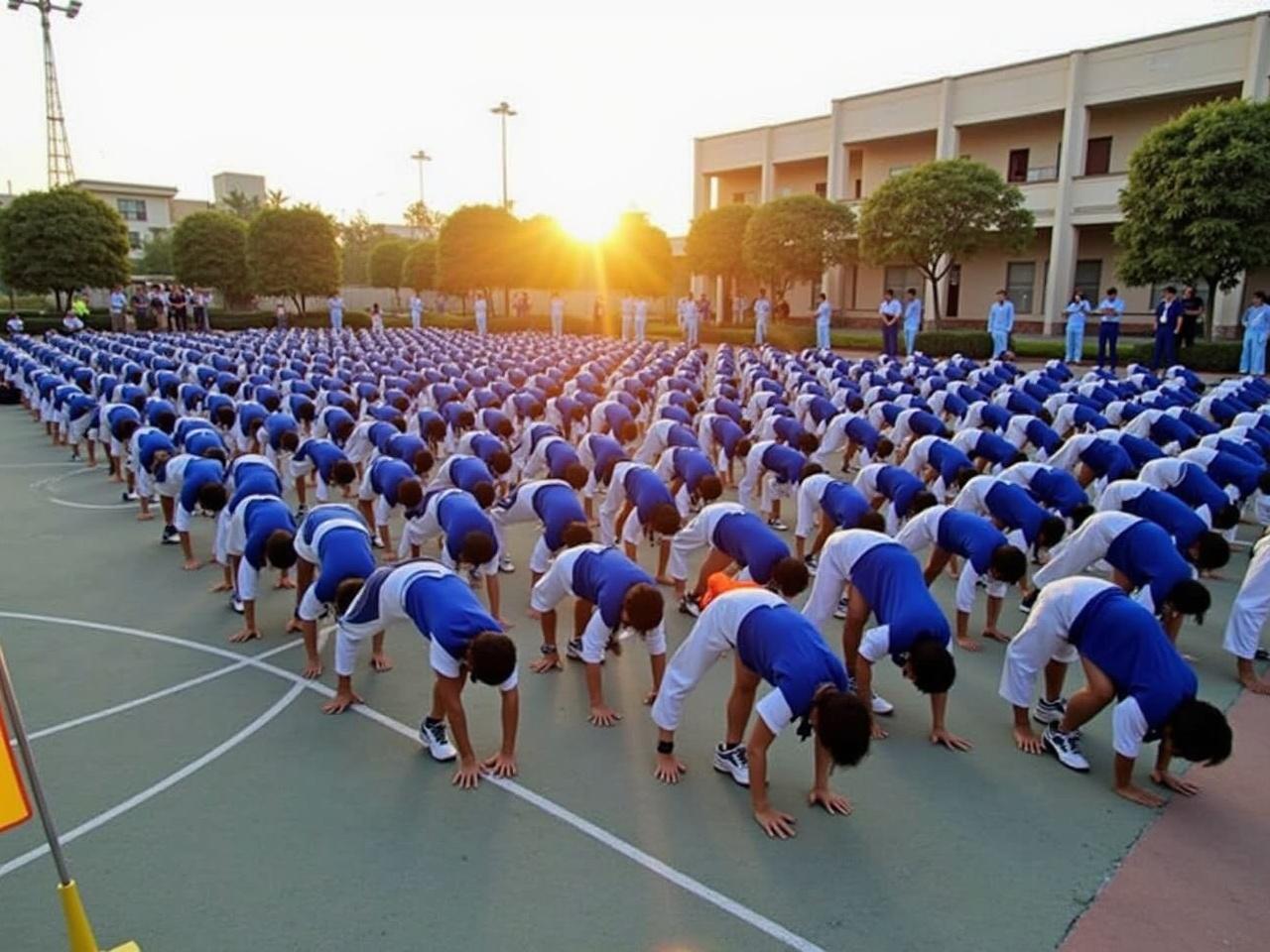 The image shows a large group of individuals performing push-ups outdoors. They are organized in rows on a sports court, wearing matching blue and white athletic clothing. The setting is bright and sunny, with the sun rising or setting in the background. A flag can be seen in the foreground, indicating that this might be a formal or school event. The surrounding area appears to be a school or educational institution, with buildings and trees in the background.