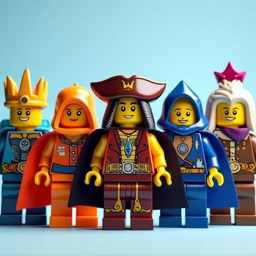 Vibrant lineup of six LEGO minifigures in unique costumes inspired by personalities in a mobile puzzle-adventure game. Each minifigure features detailed prints and accessories, standing together in a cohesive toy-like scene, showcasing features and colors against a clean background.