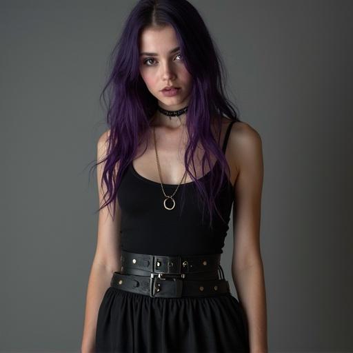A goth model with purple hair in a tank top and skirt. A full body shot showcasing makeup and style. Young adult vibe with edgy fashion choices.