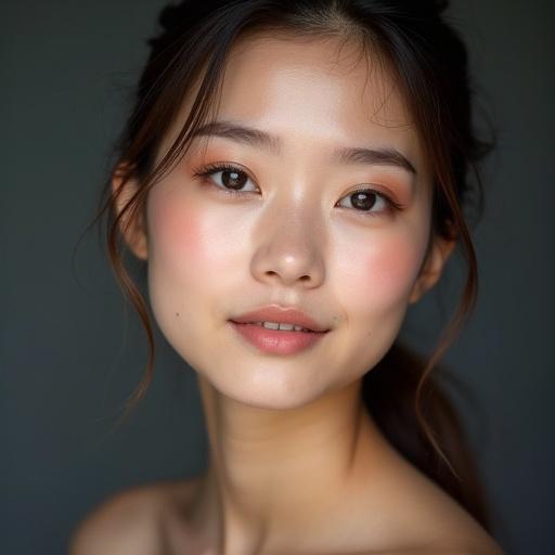Portrait of a girl. She has beautiful makeup. The setting is soft and natural. Focus on her facial features.