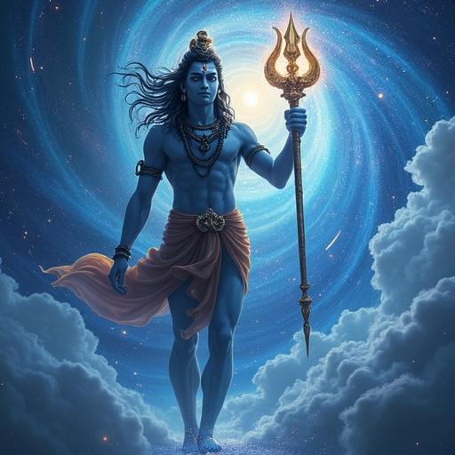 Image of Lord Shiva standing tall in a swirling galactic vortex. His body glows deep blue with ash stripes. Serpent Vasuki coils around his neck. Long matted hair moves with the wind. Crescent moon crowns his head. He holds a golden trident. Cosmic energy surrounds him. Star trails form a halo around him.