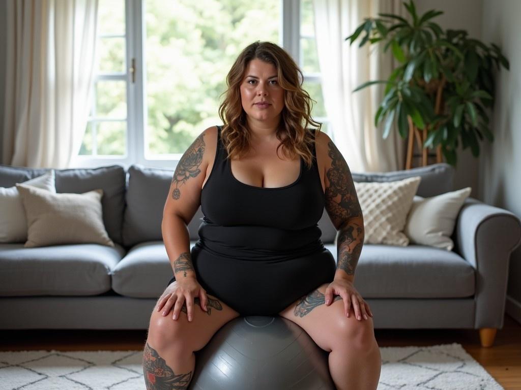 An overweight woman is sitting on a yoga ball in a living room. She has long, wavy hair and is wearing a black, form-fitting dress. The room has a cozy atmosphere, with natural light coming through a large window. Soft furnishings, including a grey couch and decorative pillows, enhance the inviting look of the space. The woman has several visible tattoos on her arms and legs, contributing to her unique style.