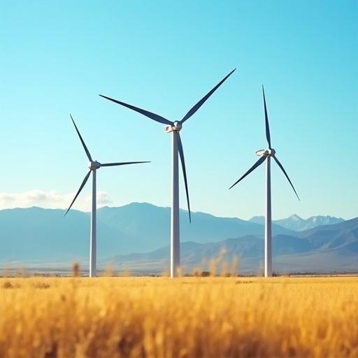 The image shows three large wind turbines standing in a golden field. Mountains are in the background. The sky is clear and blue.
