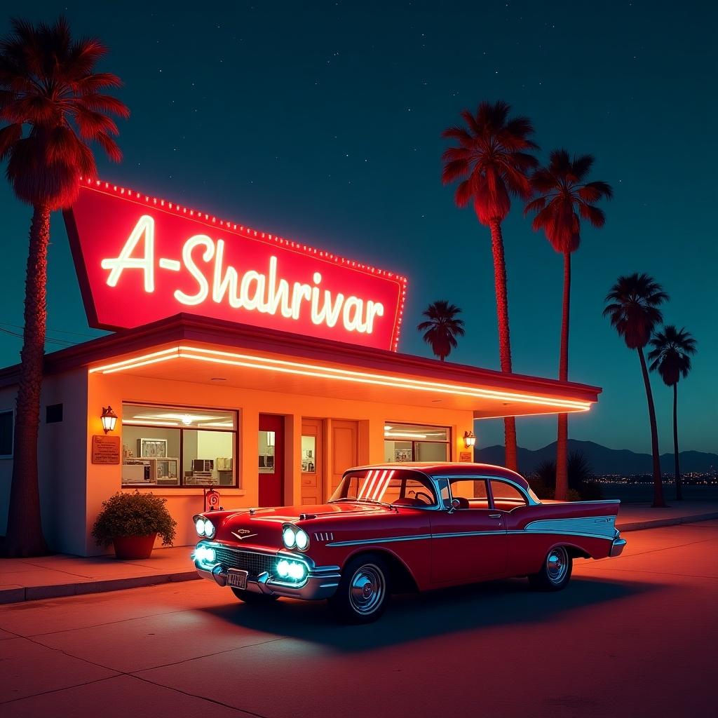 Classic motel named A-Shahrivar at night with bold neon signs. Red vintage Chevrolet parked in front. Tall palm trees under a starry sky. Vibrant colors of red orange and soft blue dominate the scene. Atmosphere is adventurous and nostalgic.