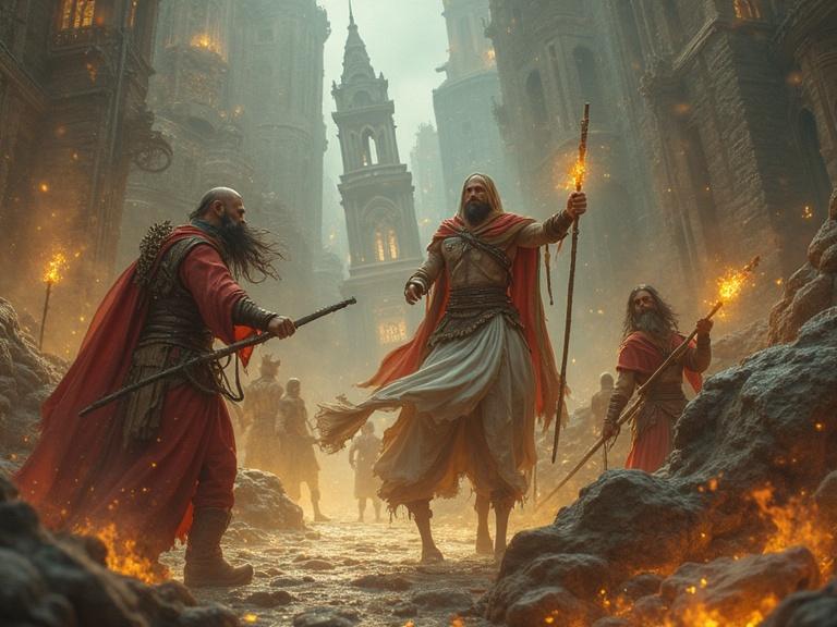 Three mysterious warriors confront each other in a dark stone city. They are dressed in ancient robes and holding staffs. The atmosphere is fiery and magical. The city has towering buildings and a mystical background.