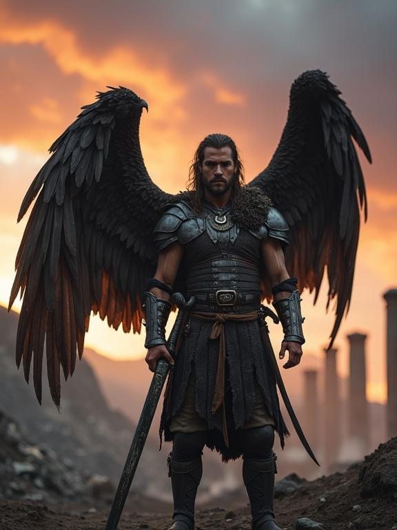 A man with hazel eyes and rugged features stands in a dusk battlefield. He has large feathered wings. His muscular form is dressed in armor. He holds a steel longsword beside him. Dirt and ash cling to him. The background shows a war-torn landscape with stone pillars. Smoke drifts across the ground. The lighting is cinematic and realistic.
