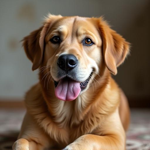 Realistic image of a golden retriever dog sitting indoors. Shot with an iPhone 16. Dog's face is visible with tongue out. Soft lighting creates a warm atmosphere.