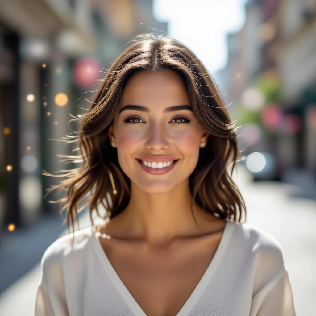 Beautiful woman standing on modern city street with gentle smile. Hair moving in breeze. Realistic skin texture and natural wrinkles in clothing. Faint glowing particles float in air. Soft natural sunlight creates realism. Face looks natural and human. Subtle magical realism in everyday life.