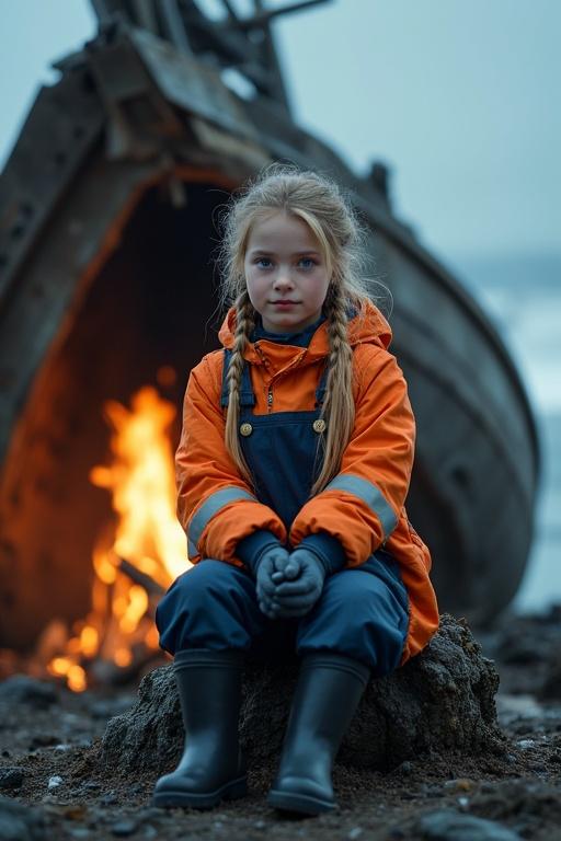 Exterior view of a wrecked fishing boat on an arctic island with a girl sitting by a campfire. The girl has long blonde hair in pigtails and blue eyes. She is dressed in an orange raincoat under navy blue dungarees, gloves, and black wellies.
