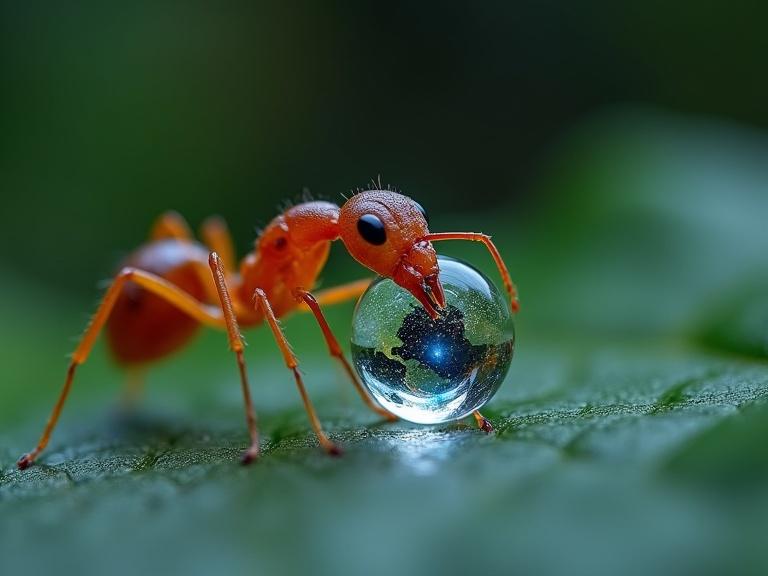 Ultra-realistic macro of an ant drinking from a drop of water. A perfectly spherical droplet resting on a leaf or natural surface. Inside the droplet, a reflection of a parallel universe: floating planets, stars, miniature galaxies as if it were drinking space. Precise focus on the ant's details and on the reflections in the droplet.