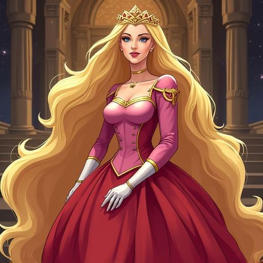 A character inspired by Lady Oscar portrayed in royal attire with long flowing hair standing majestically
