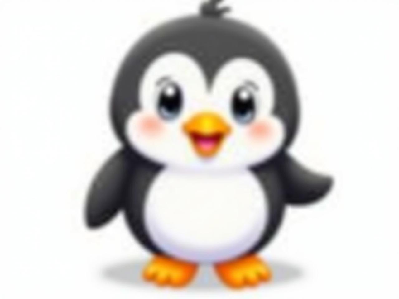 The image features a cute cartoon penguin with a happy expression. It has large, shiny eyes that give it a friendly look. The penguin's body is primarily black and white, with an orange beak and feet. Its rounded shape and style make it appear very adorable. The background is simple, allowing focus on the penguin character.