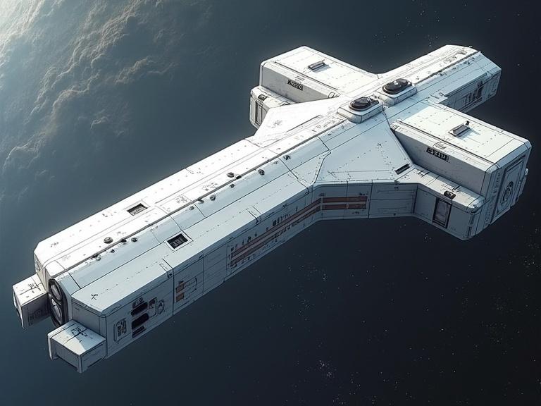 A huge white sci-fi blocky bevel sleek hull textured wide long letter T shaped floating space station object with small long wide rectangular bevel windows planet atmosphere details realism shadows textures specular soft reflection