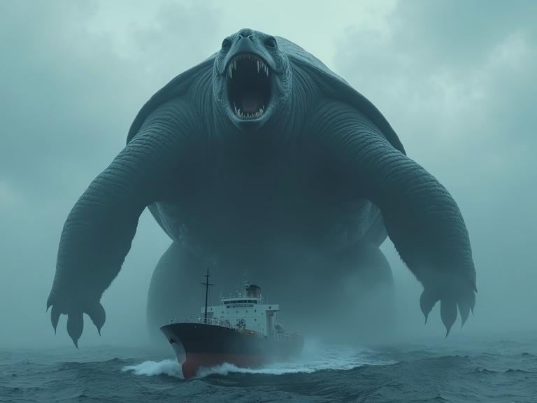 A massive 200 ft tall dark greyish-blue turtle creature rises from the ocean. The turtle has a textured shell and two upward tusk teeth visible in its open mouth. Water cascades off the turtle, creating mist and enormous waves around. A large cargo ship is in the foreground, appearing to capsize. The scene is atmospheric with a dark cloudy sky. HDR and z-depth details enhance the realism.