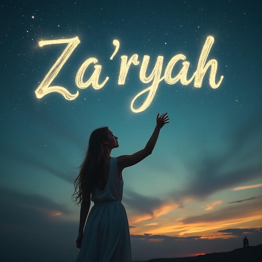 An elf is magically writing the name Za’riyah in the night sky. The elf is wearing a flowing dress. Soft pastel colors in the sky blend with the dark silhouette of the landscape.