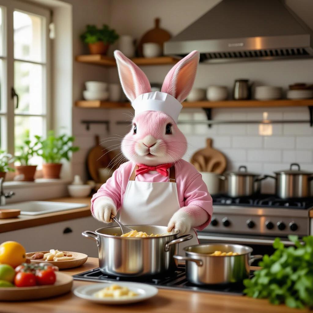 A pink rabbit dressed in a chef apron is cooking in a well-designed kitchen. The rabbit stands at a stove with large pots. The kitchen has a warm and inviting atmosphere.