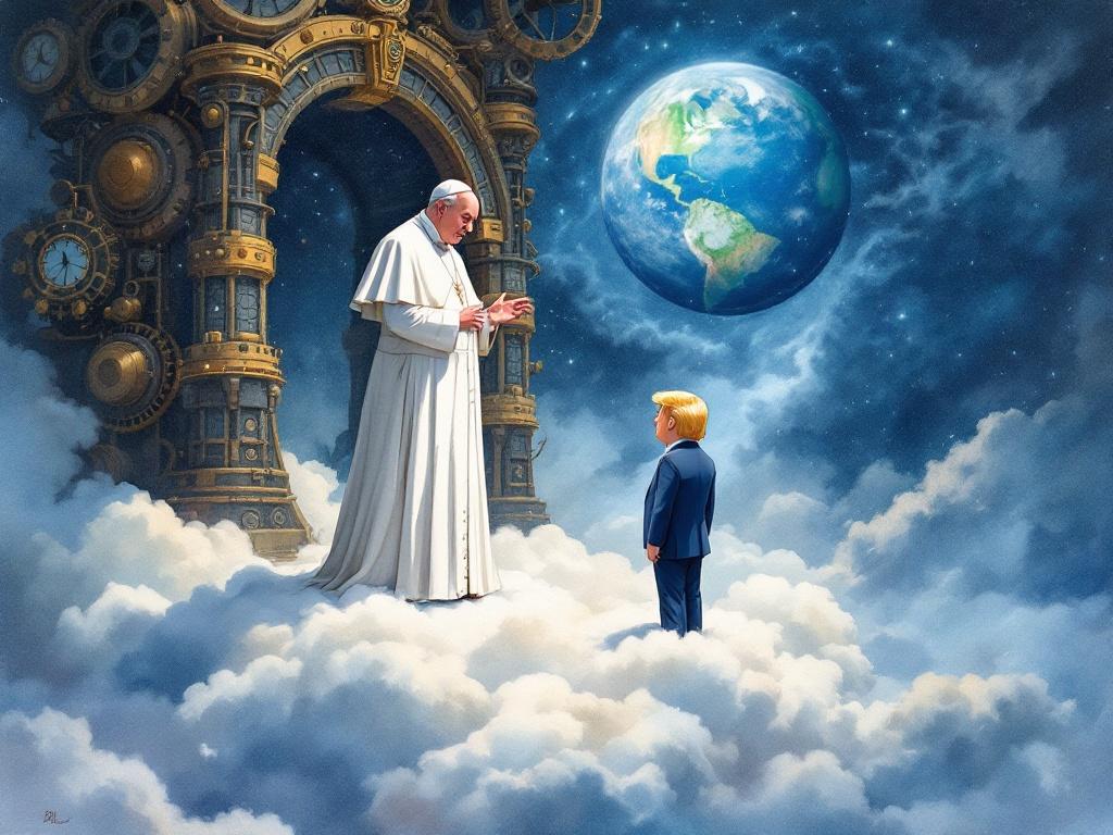 A watercolor illustration inspired by Studio Ghibli style. Pope Francis with a serious expression stands on a cloud. Donald Trump in a blue suit looks up from planet earth. The setting has dark steampunk fantasy features with mechanical designs in the background. Vivid colors capture Ghibli whimsy and steampunk mood. Characters show detailed expressions and body language.