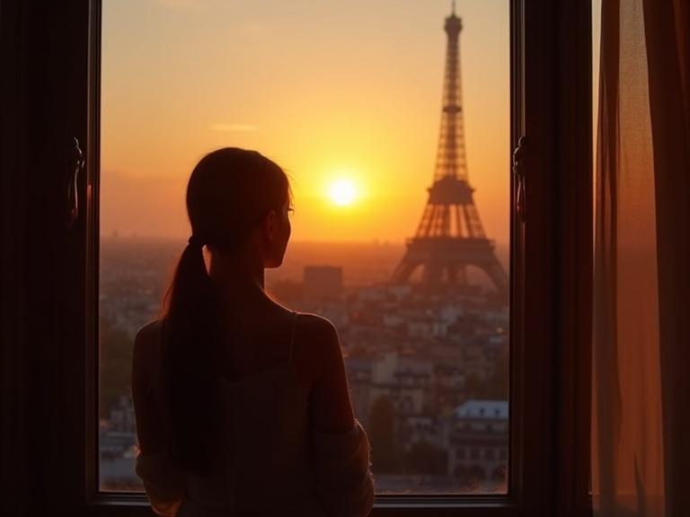 Woman by the window in Paris during sunset overlooking Eiffel Tower.