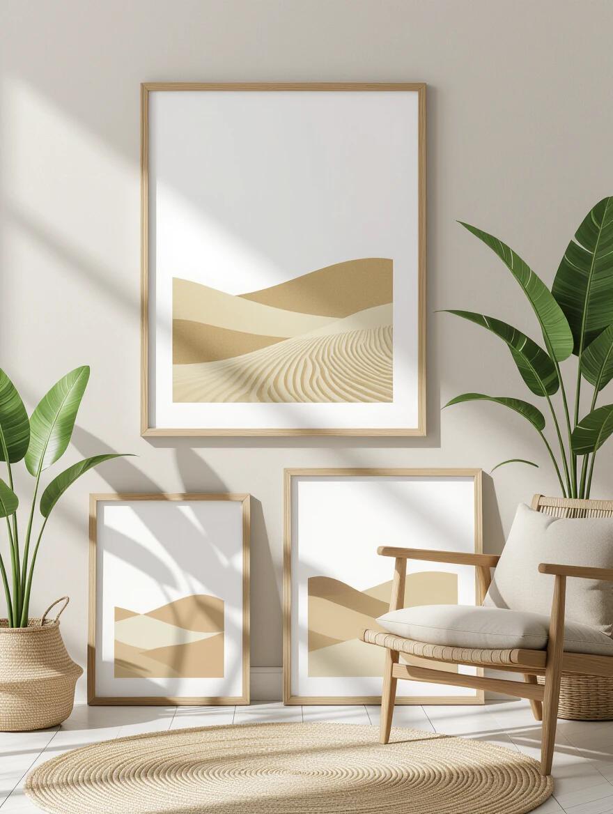 Wall art mockup with three picture frames in different sizes. The frames have wooden designs. The interior features sand colored tones and earthy hues. Two large plants are present. The room has furniture creating a zenlike atmosphere. Light walls and well-lit ambiance enhance the scene.