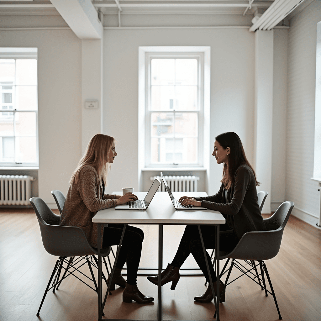 Two people sit across from each other at a table in a modern office, both focused on their laptops.