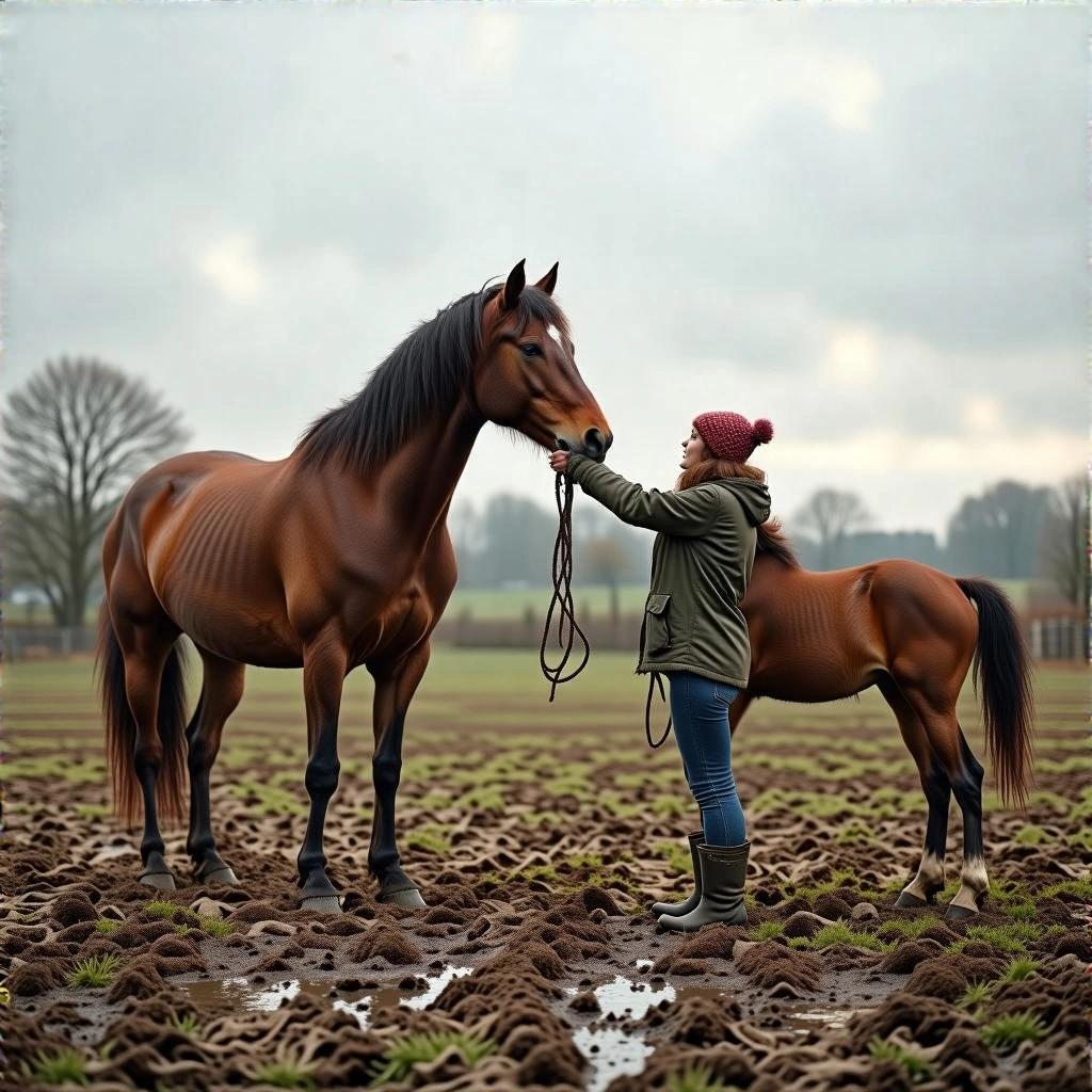 A horse interacts playfully with a human in a muddy rural field. The background is a cloudy sky and green grass. The horse is brown, and the scene is captured in hyperrealistic detail.