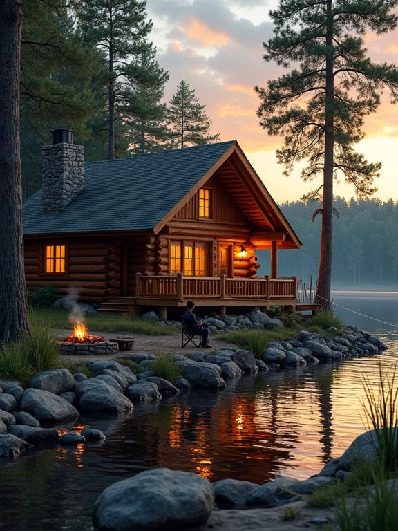 Evening scene with a log cabin by a tranquil lake. Cabin made from cylindrical logs with warm colors. Chimney and illuminated windows. Surrounded by tall trees and a colorful sunset sky. Person fishing by the rocky shore near a small fire pit.