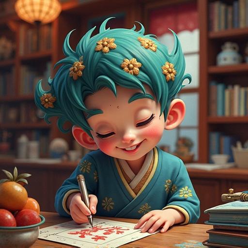 A young child with vibrant turquoise hair, wearing a traditional outfit, writes intently at a wooden table filled with art supplies. The scene is warm and inviting, with an array of colorful decorations around.