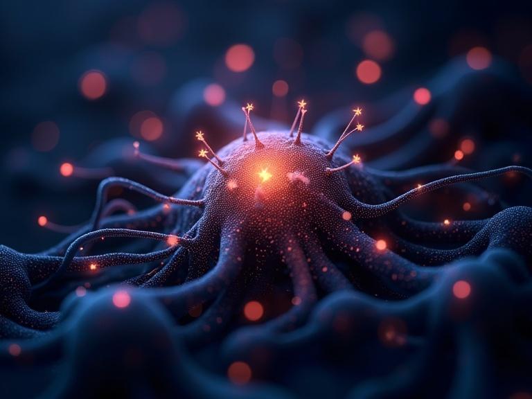A glowing neural network with interconnected nodes and data streams. The network features deep blue tones and bright orange highlights, emphasizing connectivity. Focus on the central node with tendrils extending outward, illuminated softly.