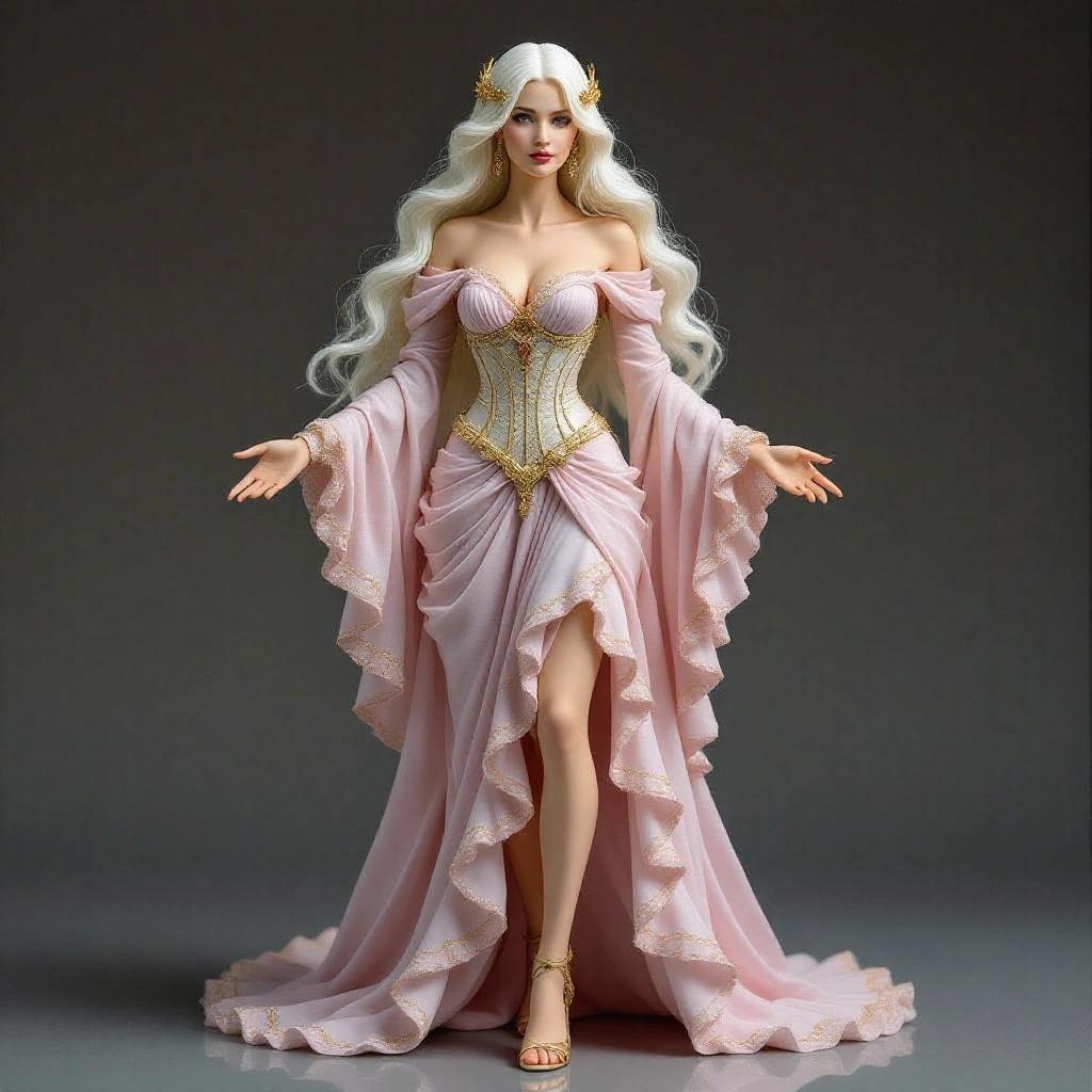A detailed resin sculpture of a goddess inspired by Virgo. Alabaster-white skin and white hair to knees. Wearing a pink dress with ruffles and gold embroidery. Stand with arms outstretched casting magic. Delicate flower crown and golden jewelry. Background has floating petals and a starry sky.