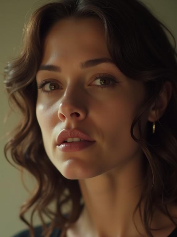 Close-up portrait of a female model with soft curls and natural makeup. Natural light enhances facial features. Subject appears thoughtful and expressive. Focus on lips creates an intimate atmosphere.