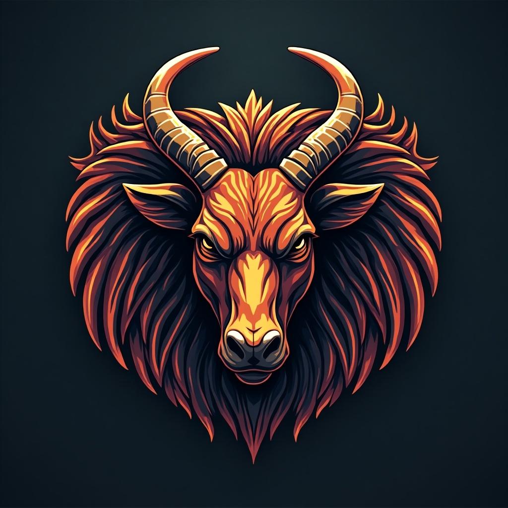 Design a logo featuring a goat head. The goat is illustrated with dramatic horns and a flowing mane. Use vibrant colors like orange to symbolize energy. The background should be dark to enhance the logo's visibility.