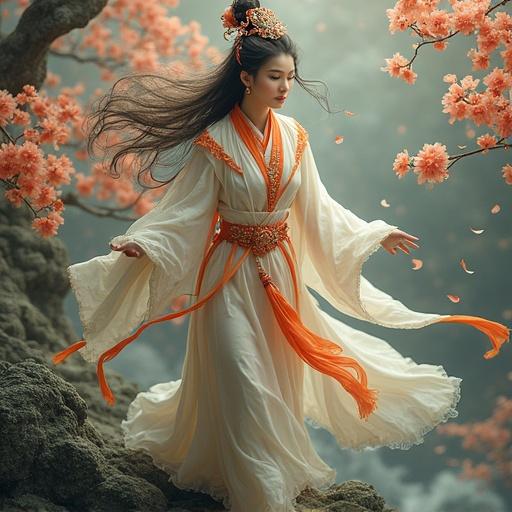 A figure in traditional attire stands amidst cherry blossoms. The garment flows softly around the figure. The background is a serene, misty landscape. Hair flows gracefully in the wind. Mood is tranquil and enchanting.