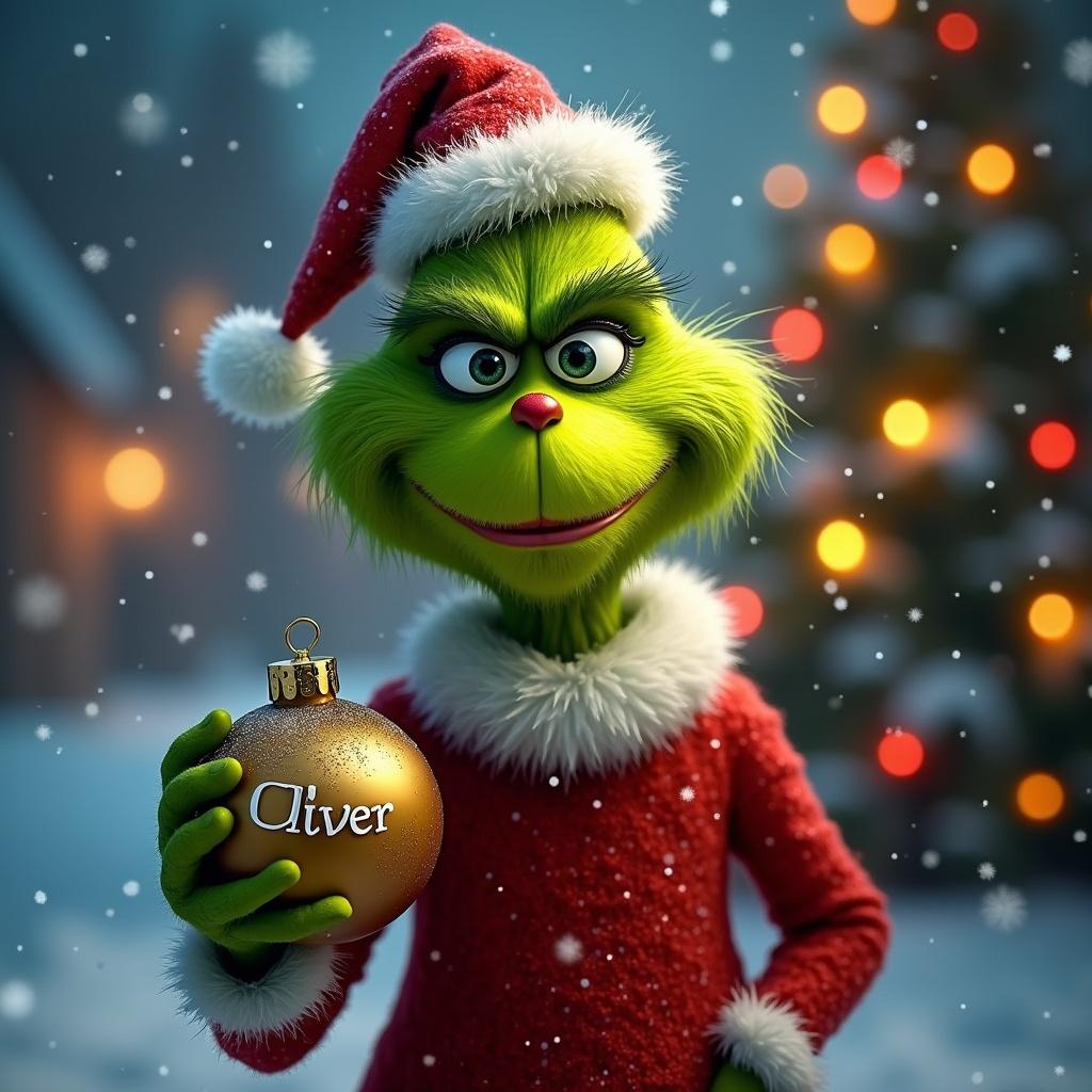 Grinch character holding a Christmas bauble named Oliver. Snowy background with Christmas lights.