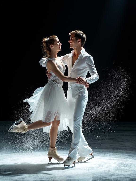 A male and female figure skater dance together in ornate white costumes. One leg extended in a dramatic pose. Snow and ice spray around them. Studio with black background. Photorealistic.