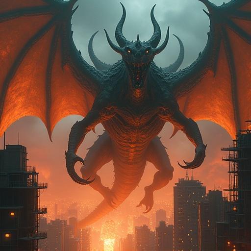 A massive Lovecraftian dragon with tentacles and numerous eyes descends upon a futuristic cyberpunk city, unleashing fire and destruction.