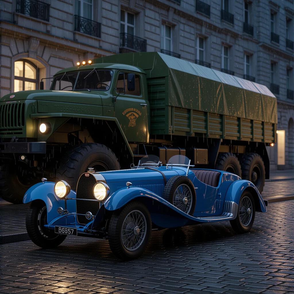 Photorealistic night scene. 1927 Bugatti Type 35 parked beside 1951 Soviet Military Truck. Rain-slicked cobblestones reflect truck headlights. Dutch angle capturing Bugatti and truck in close proximity. Suggestion of power dynamics from their positioning and lighting.