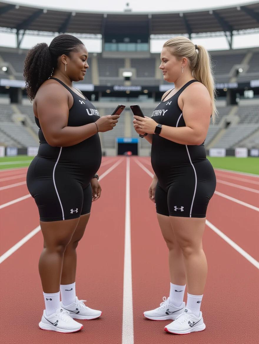 Two women stand face to face on a track field. Both women are chubby and identical in height. One woman has black curly hair and dark skin. The other woman has straight blonde hair and light skin. They wear black triathlon body suits. Both hold their iPhones and appear sweaty. The stadium is empty in the morning light.
