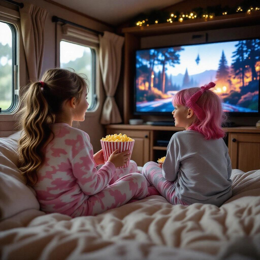Two girls watching a movie inside a static caravan. They are eating popcorn. One girl has dark blonde hair in a ponytail. The other girl has pink bob-cut hair. Both are in pajamas. Cozy interior with a TV in the background.