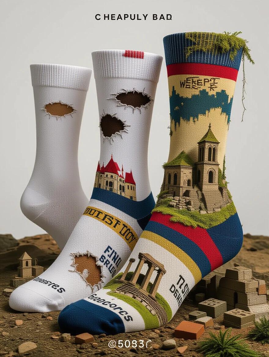 Time-lapse photography of compression socks showing decay. Socks transition from pristine white to aging with stains. Holes develop and moss grows on fabric. Historical patterns emerge on the surface. Tiny civilizations appear and crumble. Scientific lighting captures every detail. The image explores themes of decay and impermanence.