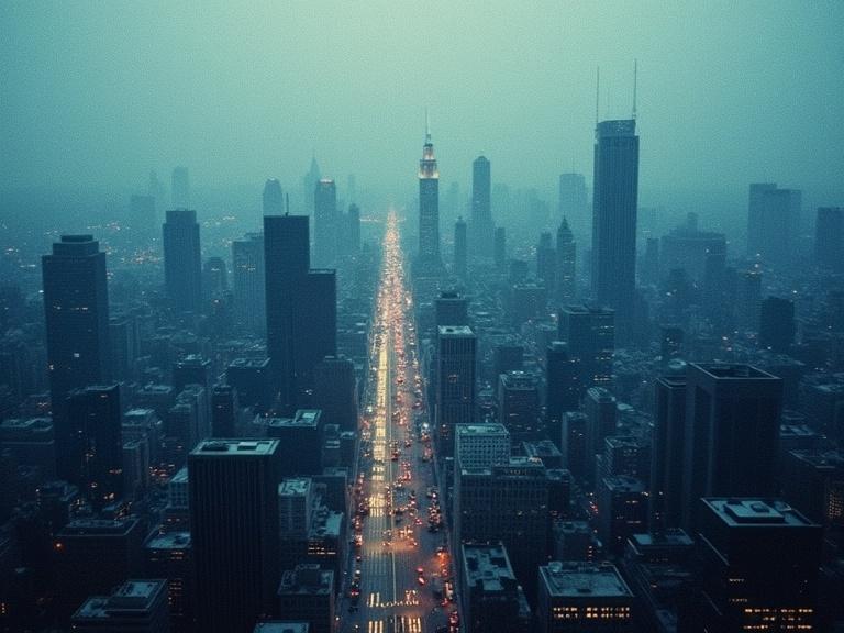 Aerial view of a city under a dark blue filter. Vintage halftone dot effect applied. City streets illuminated during daytime.