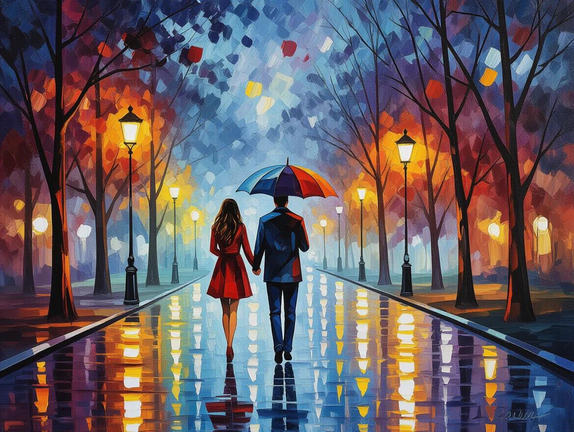 Couple walks in rain. They hold an umbrella. Reflections on the ground. Streetlights glow. Vibrant colors fill the scene. Style is impressionistic. Artistic brush strokes are visible. Emotional atmosphere prevails. Park is urban and dreamy. Format is vertical.