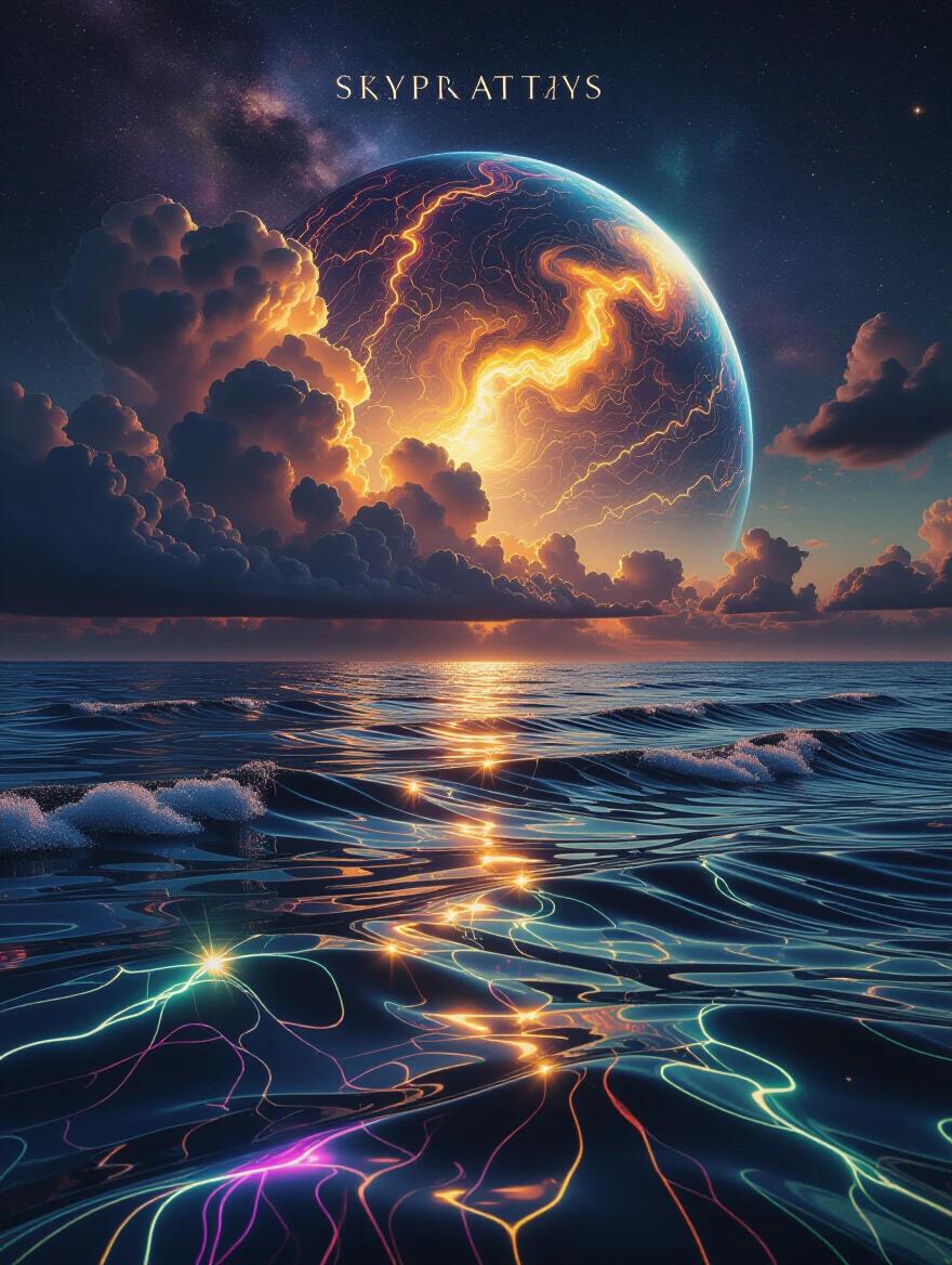 Cinematic seascape under a galaxy-lit sky with massive storm clouds. Glowing nebulae with edges cracking like lava. Planet-sized formation rises with swirling clouds and glowing veins. Ocean reflecting in clarity with shimmering textures and rainbow light. Waves move like velvet ribbons in electric colors. Obsidian-black sky pierced by constellations and auroras. Sunbeams break through clouds painting atmosphere in molten amber. Sparkling elements create an otherworldly moment.