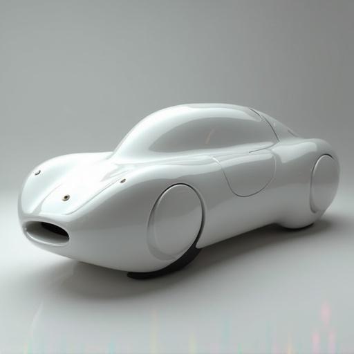 A streamlined car design with an elegant and smooth shape. The car is predominantly white and has a futuristic appearance with rounded edges. It has minimalist features and an overall sleek look.