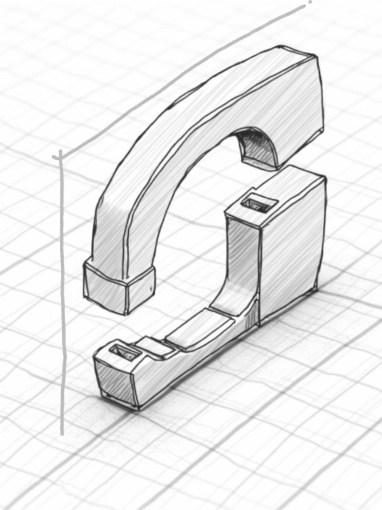 Detailed sketch of a G-shaped clamp block. The sketch includes dimensions and presents a technical perspective. Emphasis on precise lines and angles in the design. A grid background indicates measurement accuracy.