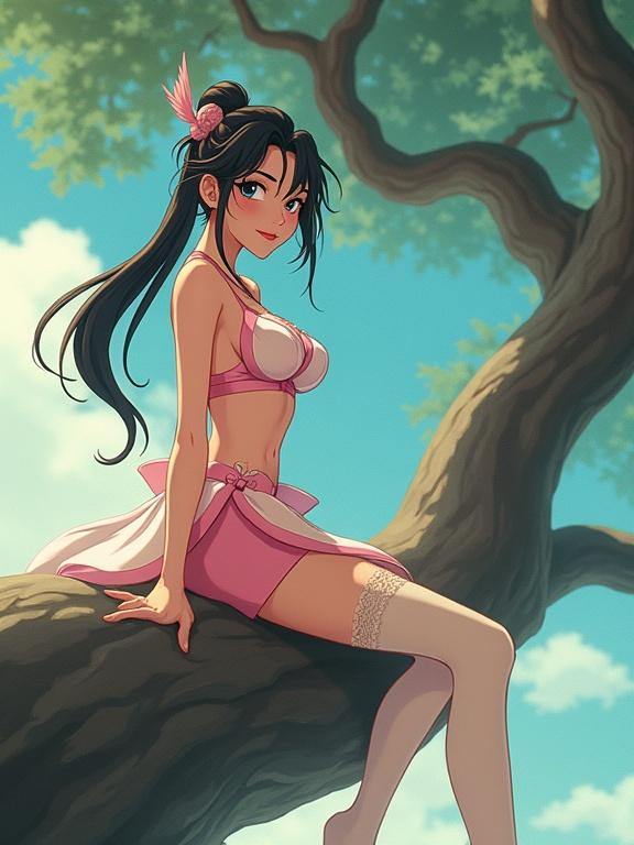 Asian version of Diao Chan sits above a large tree branch in a feudal china imperial garden. She wears a pink and white mini skirt with light pink bra. She has thigh-high light cream stockings with lace straps. Her hair is tied with a traditional hairpin. The character gazes at the camera with glossy sky-blue eyes and a soft smile. The image captures an analog photo style with visible dust and film grain, creating an early 2000s vibe.