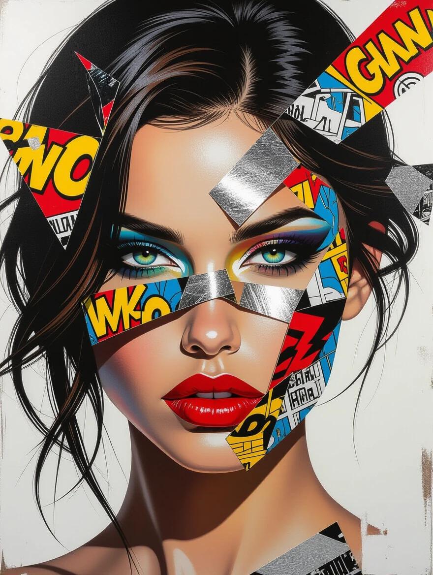 A female portrait features intense eyes and a collage of torn comic book fragments. Metallic textures add depth. The art blends realism and pop art inspired by Sandra Chevrier. Expressive brushwork and bold colors create a dramatic atmosphere.